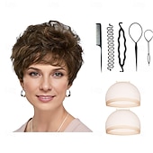 baratos peruca mais velha-Estilo curto e leve com camadas curtas e chiques  Tons multiculturais de loiro prata castanho e vermelho com 2PCS touca de peruca HD e conjunto de ferramentas de cabeleireiro