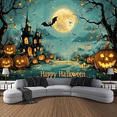 זול שטיחי קיר-שטיח רקע ליל כל הקדושים, תליית קיר של טירת רפאים בלילה, דלעת מכשפה, ציור קיר דקורטיבי גדול לחדר שינה, סלון, מסיבה וקישוט הבית
