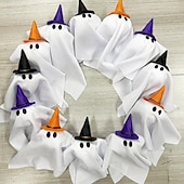 お買い得  ハロウィンのリースとフラワー装飾-ハロウィンゴーストリース、ライト付き、16インチ、12個のLEDライト、小さなライトアップホワイトゴーストガーランド、不気味な幽霊、ハロウィンリース、玄関に吊るす、魔女帽子、ゴースト、ホームパーティーのドア飾り