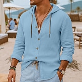 preiswerte Urlaub-Herren Hemd Leinenhemd Strandbekleidung Knopfhemd Kapuzenhemd Einfach Urlaub Lässig Schwarz Weiß Blau Grün Langarm Mit Kapuze Sommer Frühling &amp; Sommer Bekleidung Knöpfe