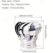 رخيصةأون مستلزمات المنزل-مروحة سقف متينة من الفولاذ المقاوم للصدأ مقاس 110 مم مع غطاء عادم دائري دوار لتهوية المدخنة الخارجية وغطاء المدخنة وغطاء مقاوم للحرارة والبرودة ومقاوم للتآكل وتهوية غير كهربائية
