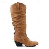 olcso Slouch Boots-Női Csizmák Slouchy Boots Szabadtéri Napi Tömör szín Térdig érő csizmák Csat Vaskosabb sarok Kerek orrú Szüret Alkalmi Műbőr Fekete Barna Khakizöld