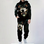 billiga Herrars 3D-tröjset-Herr Djur Varg 2st 3D-tröja set Träningsoverall Hoodie-tröja Långärmad Långa byxor Huva Ledigt vardag Trendig Fritids- 3D-utskrift Vår Höst Vinter Svart