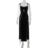 abordables Vestidos-Gótico Maxi Vestidos Sin Mangas Bruja Vampiros Acordonado Terciopelo correa de espagueti Cruz Disfraz Mujer Fantasía Víspera de Todos los Santos Carnaval Rendimiento Fiesta Adultos Vestido