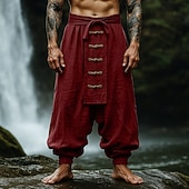 baratos Retrô-Homens Calças de linho Calças Calça verão Calças largas Com Cordão Cintura elástica Botões Tecido Conforto Respirável Comprimento total Ao ar livre Ioga Casual Férias Designer Vermelho Azul Marinha
