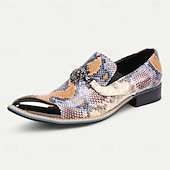 baratos Mocassins de couro premium-Sapatos sociais masculinos de pele de cobra multicolorida com bico fino – slip-ons de couro de vaca exótico com biqueira de metal para shows, festas temáticas e eventos de moda