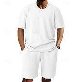 voordelige T-shirt sets voor heren-Voor heren Wafel Shirt T-shirt past 2 stuks outfits T-shirt en korte broek Korte mouw Strakke ronde hals Zomer Effen Modieus Casual Jacquard 2-stuks Vakantie Alledaagse kleding Uitgaan Zwart Wit Khaki