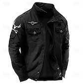 cheap Men&#039;s Graphic Jackets &amp; Coats-Men&#039;s Cotton Embroidered Military Jacket Windbreaker with Shoulder Straps Long Sleeve Standing Collar Multi-Pockets Trucker Jacket US Flag Print Tactical Outerwear
