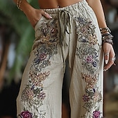 رخيصةأون ساق واسعة وخصر عالي-نسائي ساق عريضه سراويل سروال بالازو موضة بوهو مكتمل الطول خصر عالي زهور مرونة الخصر رباط طباعة التنفس إمكانية مريح شارع مناسب للبس اليومي مناسب للخارج أخضر داكن الربيع الخريف عادي