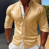 preiswerte Satinhemden für Herren-Herren Hemd Satinhemd Kleidhemd Freizeithemd Knopfhemd Abschlussballhemd Einfach Formell Hochzeit Schwarz Rote Königliches Blau Gold Langarm Stehkragen Ganzjahres Bekleidung Farbblock