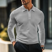 preiswerte Herren Klassisches Polo-Herren Waffel-Poloshirts Golfshirt Straße Lässig Revers Langarm Basic Modern Einfach Texture Knöpfe Frühling Herbst Ganzjahres Normale Passform Weiß Schwarz Gelb Hellblau Burgunderrot Grau