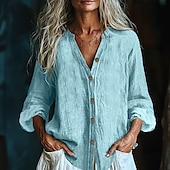ieftine Topuri simple pentru femei-Pentru femei Cămașă Cămăși Bumbac In Bluză texturată Bluză Simplu Modern Casual Manșon Lung În V Topuri obișnuite Zilnic Concediu Ieșire Nasturi Negru Alb Roz Îmbujorat Roșu Vin Verde Militar Toamnă