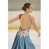 ieftine Rochii de patinaj artistic-Rochie de Patinaj Artistic Pentru femei Fete Πατινάζ στο πάγο Rochii Gri+Verde Deschide Înapoi Tiv Asimetric Plasă Înaltă Elasticitate Antrenament Competiție Ținută Patinaj Clasic Cristale / Strasuri