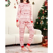 お買い得  親子お揃い服-ファミリールック パジャマ クリスマス柄 家 プリント ルビーレッド 長袖 活発的 マッチング衣装