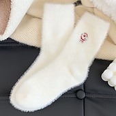 abordables calcetines caseros-Calcetines navideños de invierno para mujer, calcetines gruesos y cálidos con muñeco de nieve. &amp;Calcetines navideños de felpa de visón blanco acogedores con diseño de Papá Noel y bonitos calcetines
