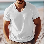 お買い得  コットンリネンTシャツ-男性用 ティートップ リネンTシャツ 半袖 Ｖネック 夏 平織り ファッション デザイナー ベーシック ソフト バケーション ストリート カジュアル／普段着 ピンク ホワイト ライトブルー メンズトップTシャツ