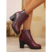 رخيصةأون جزمة الكاحل-حذاء بكعب سميك من الجلد الصناعي باللون العنابي للنساء - حذاء أنيق بكعب سميك من الجلد الصناعي مناسب للخريف والشتاء وملابس العمل