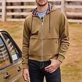 economico felpe con cappuccio da uomo di base-Per uomo Felpa con cappuccio Felpa con cappuccio a zip intera Nero Vino Marrone Grigio chiaro Con Cappuccio Plaid Con zip Tasca Sport &amp; Outdoor Quotidiano Ferie Poliestere Streetwear Essenziale Casual