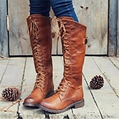 preiswerte Reitboots-Damen-Reitstiefel aus braunem Vintage-Kunstleder mit Schnürung und Schnallendetail – kniehoher Reitstil für die Freizeit und den Outdoor-Bereich