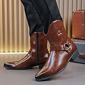 abordables Bottes de Costume-Bottines en cuir marron pour hommes avec fermeture éclair latérale et sangle à boucle, bottes habillées élégantes pour les affaires, les soirées et les occasions formelles