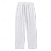 cheap Home-Men's Linen Pants Trousers Summer Pants Baggy Pants Beach Pants Drawstring Elastic Waist Buttons Plain Comfort Breathable Full Length Casual Daily Home Vacation Fashion Loose Fit Black White