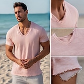 お買い得  コットンリネンTシャツ-男性用 ティートップ リネンTシャツ 半袖 Ｖネック 夏 平織り ファッション デザイナー ベーシック ソフト バケーション ストリート カジュアル／普段着 ピンク ホワイト ライトブルー メンズトップTシャツ