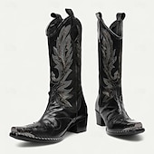 billiga Premium läderstövlar-Svarta westerncowboystövlar för män med broderade löv – höga stövlar i premiumkohud för countrymusikevenemang, rodeos och vintagefester