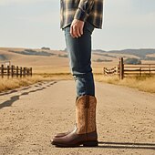 preiswerte Cowboy &amp; Western Stiefel-Zweifarbige Western-Cowboystiefel aus Kunstleder für Herren – klassisches besticktes Design, robuste Konstruktion, perfekt zum Reiten, für den Außenbereich und als Freizeitkleidung