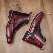 cheap Combat Boots-Men&#039;s Burgundy Faux Leather Combat Boots with Brogue Detailing – Durable Lace-Up Style for Casual Wear, Outdoor Walking, and Fashion Outfits