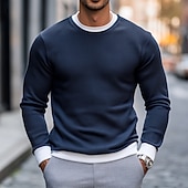 preiswerte T-Shirt mit Waffelstrick-Herren Waffel T-Shirt Pullover Sweatshirt T-Shirt Langarmshirt Langarm Rundhalsausschnitt Frühling &amp; Herbst Einfach Mode Designer Basic Mode Falscher Zweiteiler Urlaub Straße Lässig Marineblau Top