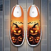 tanie Buty dla mężczyzn-Męskie pomarańczowe, wsuwane trampki Flyknit z nadrukiem dyni w stylu nawiedzonego domu – codzienne buty na festiwal Halloween, idealne na nocne imprezy, cosplay i wydarzenia na świeżym powietrzu