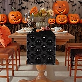 levne Běhouny na stůl-Halloweenský běhoun na stůl, vlaječka na stůl s 3D výšivkou duchů - dekorace z umělé kožešiny s černým okem a malým ďáblem, černobílý sváteční ubrus na dekoraci na párty a stolování
