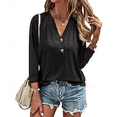 economico T-shirt semplice-Per donna Blusa Tinta unica Vintage Quotidiano Casual Manica 3/4 Scollo a V Top Regolari Lavoro Quotidiano Uniformi da club Bottoni Rosso violaceo Nero Rosa Blu Estate Primavera Autunno Inverno