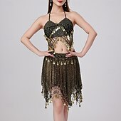 abordables Tenues de danse du ventre-Danse du Ventre Jupes Jeton en cuivre Couleur unie Épissage Femmes Performance Entraînement Sans manches Haut Polyester