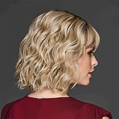 abordables perruque plus âgée-Perruque courte blonde pour femme avec frange, cheveux synthétiques réalistes et naturels, coupe ondulée résistante à la chaleur, racines foncées, élégante, à porter au quotidien