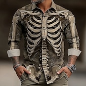voordelige Halloween T-shirts-Halloween Voor heren 3D Print Skelet Overhemd Overhemd met knopen Lange mouw Donkere punkgotiek Buiten Feestdagen Zomer Lente Strijkijzer 3D-afdrukken shirts met kraag Goud Bruin Groen Grijs