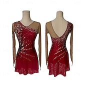 Figure Skating Dress Women's Girls' Ice Skating Dress Red Patchwork Thumbhole Mesh Spandex High Elasticity Training Competition Skating Wear Classic Crystal / Rhinestone Long Sleeve Ice Skating3
