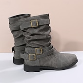 baratos Calçado-Botas de couro sintético de cano médio para mulheres, botas Martin de salto fino com salto fino