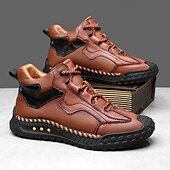 baratos Botas de cano curto-Tênis casual masculino de cano alto em couro sintético marrom com sola de borracha antiderrapante – calçado esportivo confortável com cadarço para caminhadas ao ar livre, viagens e uso diário