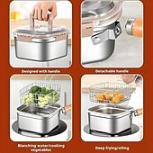 economico Utensili da cucina-Padella quadrata in acciaio inox da 4 pezzi con cestello, friggitrice compatta quadrata multiuso con manico staccabile &amp;design di scarico facile adatto a contenitori per la conservazione della