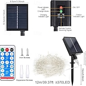 economico Strisce LED-Luci a stringa da 10 m, 370 LED, 1 set di staffe di montaggio, 1 set di luci natalizie bianche calde, bianche fredde, blu, solari, per matrimoni, alimentate a energia solare