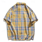 preiswerte Herrenhemd zum Knöpfen-Herren Hemd Sommerhemd Freizeithemd Strandhemd Knopfhemd Gelb Rote Grün Kurzarm Karomuster Revers Urlaub Hawaiianisch Tasche Bekleidung Polyester Mode Lässig Bequem