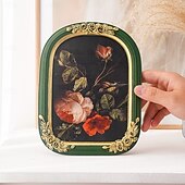 cheap Sculptures-Gold 3D Rose Photo Frame with Green Arched Border, Hand-Painted Resin Picture Frame for Home Decor, Display Photos in Living Room, Bedroom, Study or Entryway