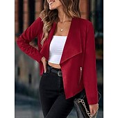 billiga casual jackor-Dam Vardaglig jacka Bekväm Andningsfunktion Ficka Mode Ledigt Slät Semester Gata Ledigt Dagliga kläder Öppen front Kort Nedvikt Normal Långärmad Ytterkläder Marin Svart Rubinrött Vår Höst