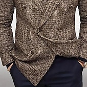 cheap Casual Suits-Men&#039;s Blazer Jacket Notch Collar Lightweight Striped Blazer Brown Standard Fit Double Breasted Six-buttons