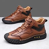 baratos Botas de cano curto-Tênis casual masculino de cano alto em couro sintético marrom com sola de borracha antiderrapante – calçado esportivo confortável com cadarço para caminhadas ao ar livre, viagens e uso diário