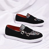 Herre denim loafers med dobbel munk stropp og etnisk trykk – moteriktige, uformelle slip-on-sko for urban stil, fester og vårantrekk billige Uttalelsessko-Herre denim loafers med dobbel munk stropp og etnisk trykk – moteriktige, uformelle slip-on-sko for urban stil, fester og vårantrekk