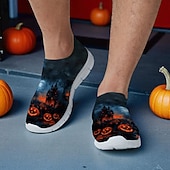 tanie Buty dla mężczyzn-Męskie pomarańczowe, wsuwane trampki Flyknit z nadrukiem dyni w stylu nawiedzonego domu – codzienne buty na festiwal Halloween, idealne na nocne imprezy, cosplay i wydarzenia na świeżym powietrzu