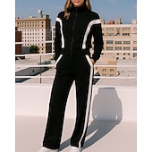 preiswerte Trainingsanzüge-Damen Jogginghose Trainingsanzug mit Reißverschluss Sportbekleidung mit Tasche Streifen Kombination Herbst Schwarz Weiß Outdoor Reise Sport Hohe Taille Mode Langarm Sport Sportkleidung Mikroelastisch