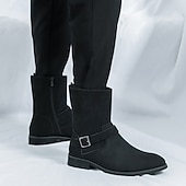 cheap Ankle Boots-Men&#039;s Khaki Faux Suede Mid-Calf Boots with Side Buckle Straps, Retro Cowboy Style Boots for Casual Outfits and Party Occasions